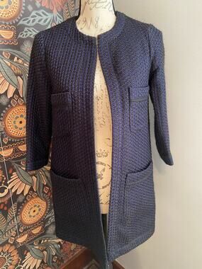 Sloosh Open Front Blue & Black Tweed Coat Size XS